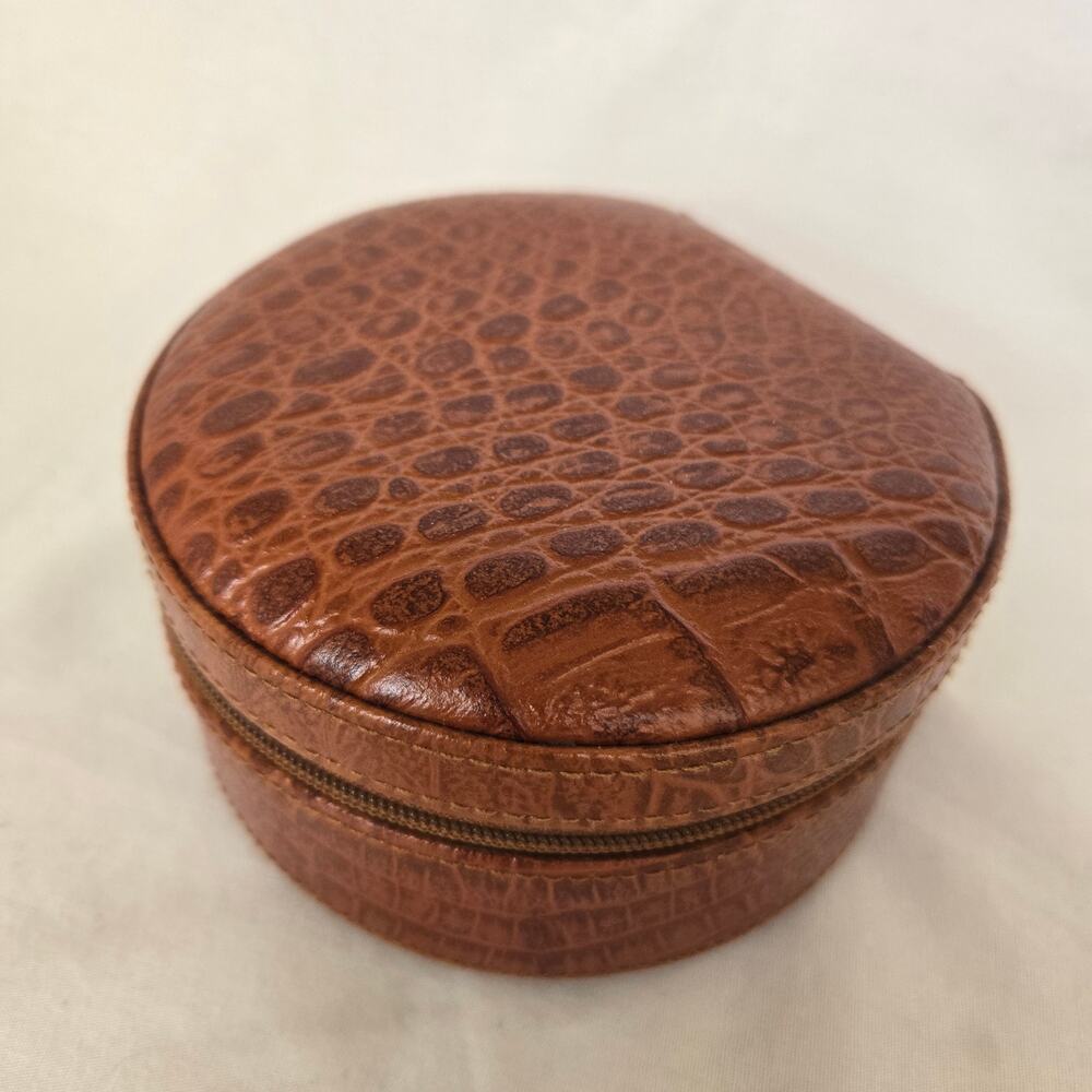 Round Brown Leather Jewelry Case Zip Close Multiple Compartments Travel